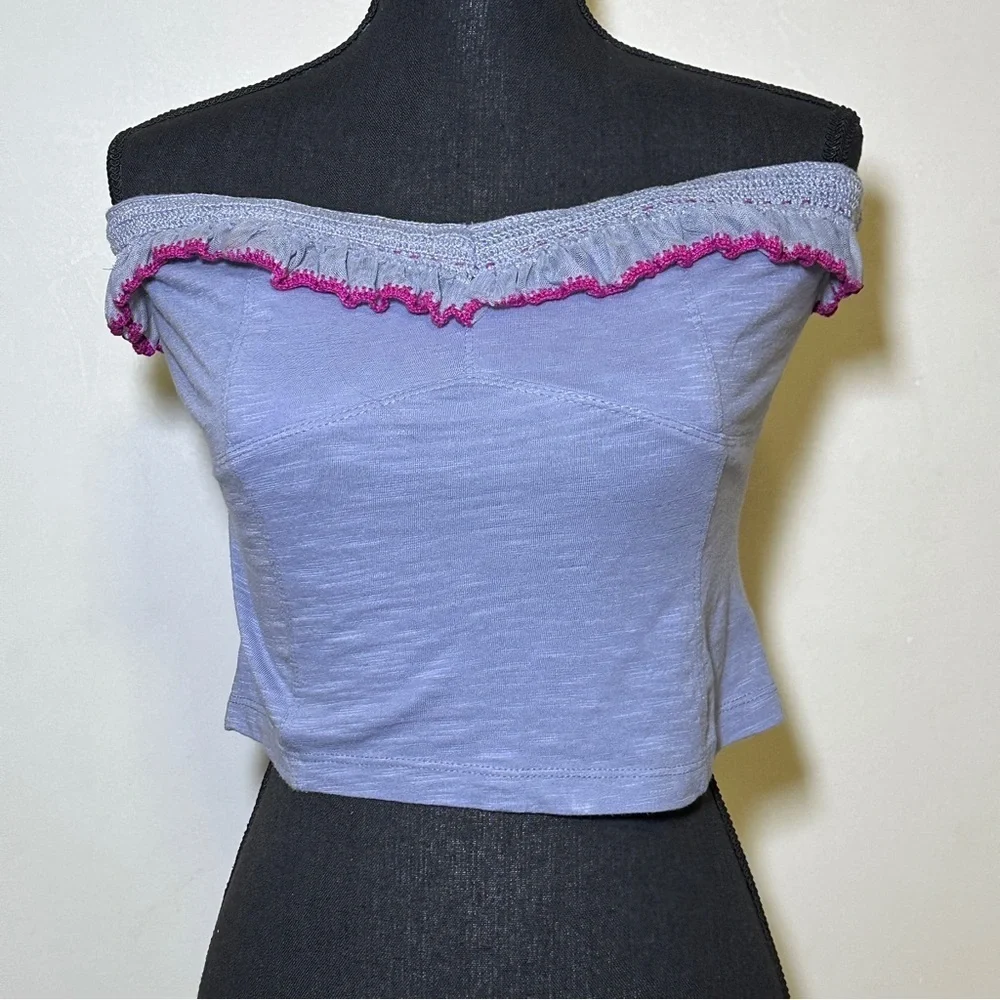 Free People Purple Float On Ruffle Off The Shoulder Crop Tube Top Lace Trim Boho